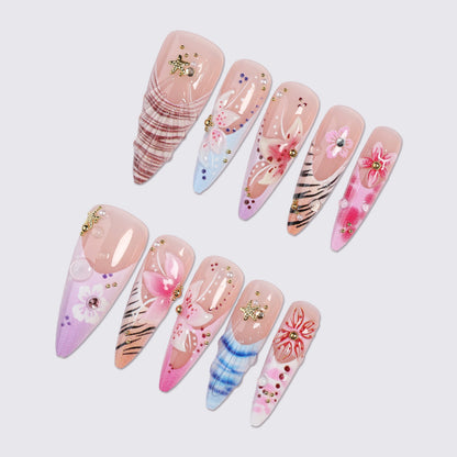 Artistic Press-On Nail Set with Floral and Gemstone Accents Acalora