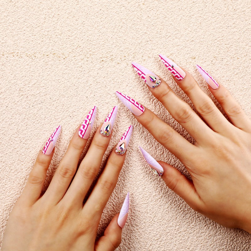 Creative Stiletto Art Nails with Geometric Patterns Acalora