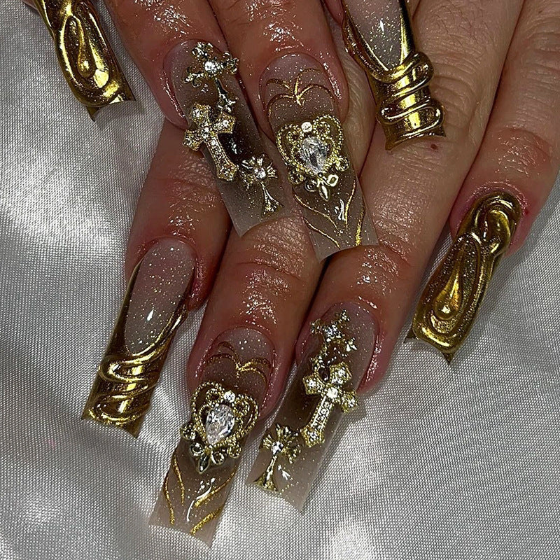 Decorative Press-On Nail Set with Gold Accents Acalora