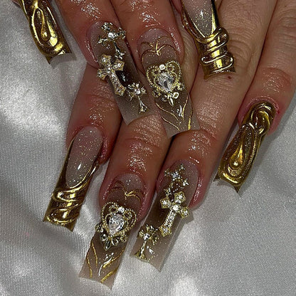 Decorative Press-On Nail Set with Gold Accents Acalora