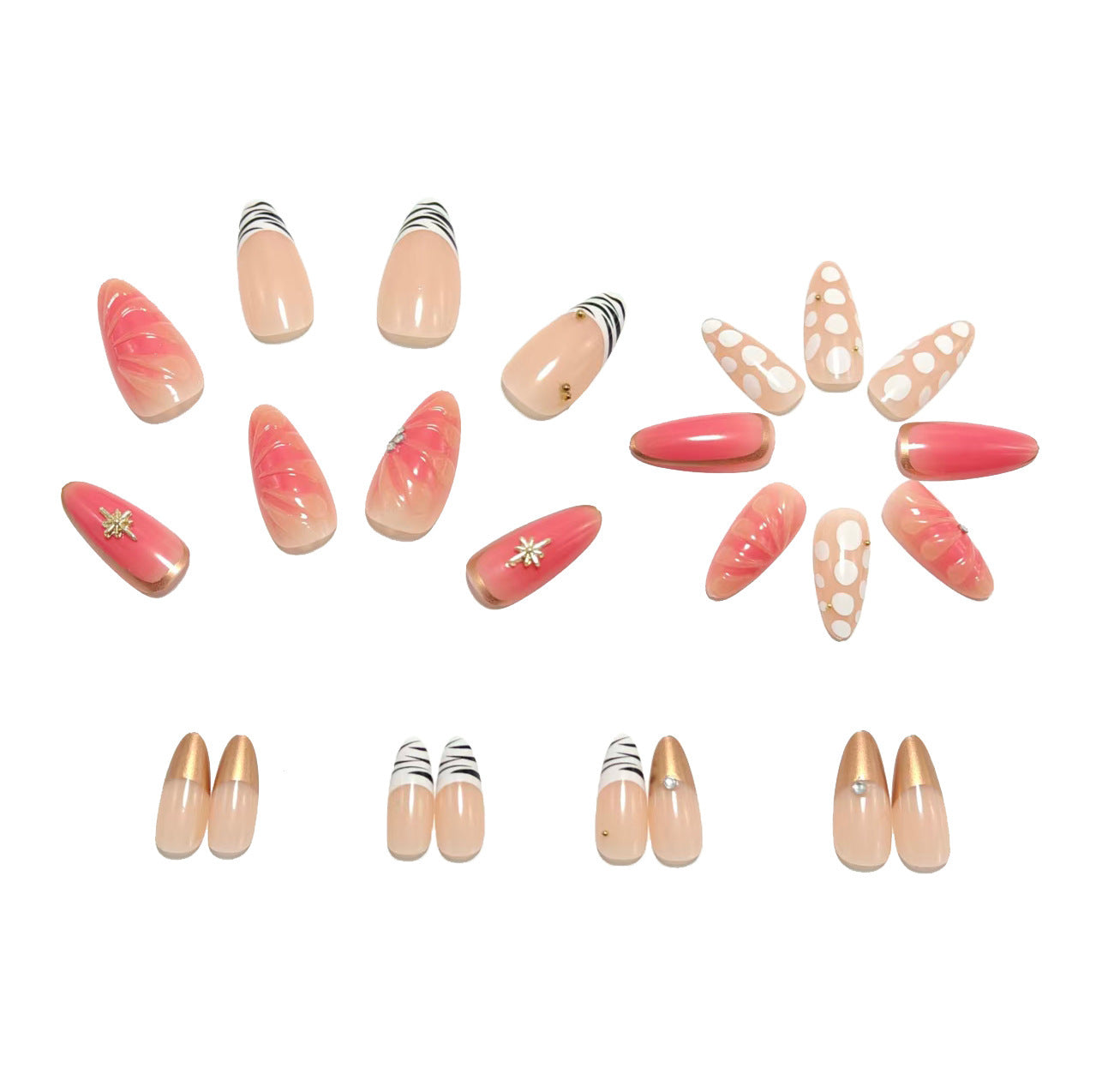 Acrylic nail set with elegant gold design and floral decor Acalora