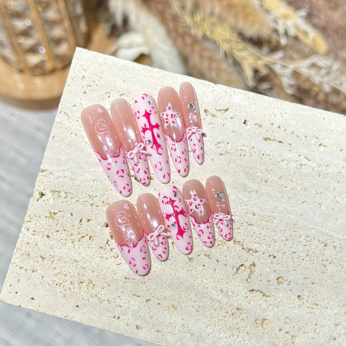 Artistic Stiletto Press-On Nail Set with Heart and Bow Design Acalora
