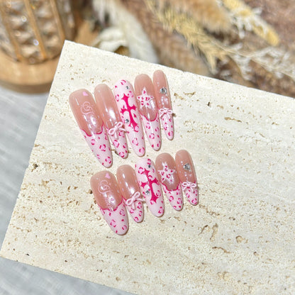 Artistic Stiletto Press-On Nail Set with Heart and Bow Design Acalora