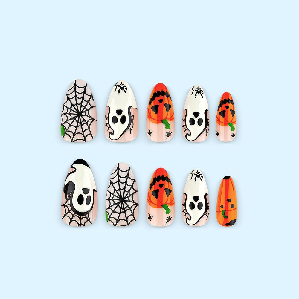 Halloween-themed artificial nails with spooky ghost and pumpkin design Acalora