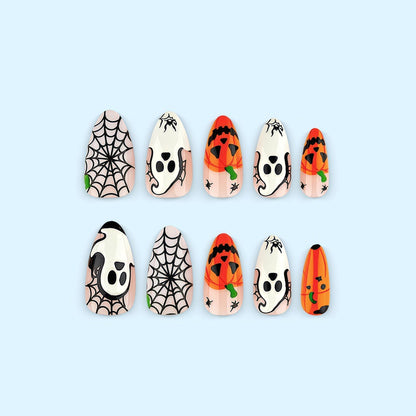 Halloween-themed artificial nails with spooky ghost and pumpkin design Acalora