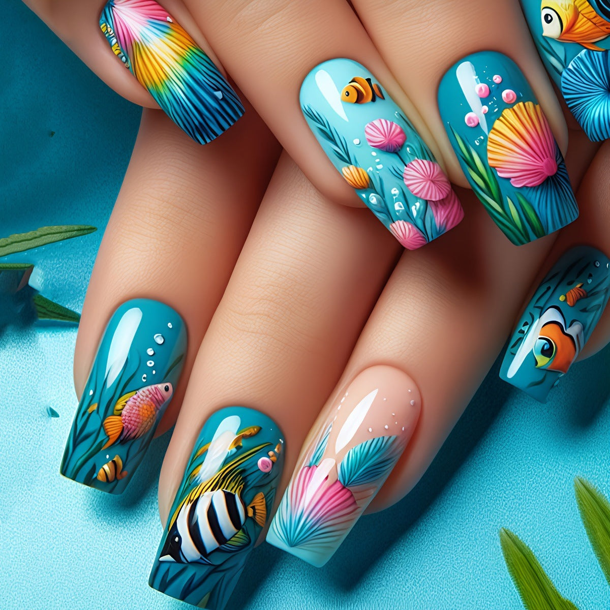 Underwater-Themed Extravagant Nail Art Acalora