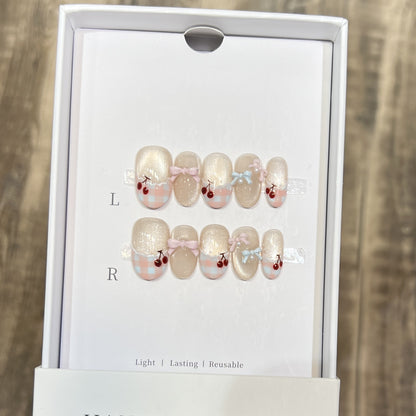 Decorative Press-On Nail Art Set with Charming Bow and Cherry Accents Acalora