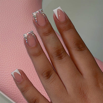 Decorative French Tip Press-On Nail Set with Rhinestone Accents Acalora