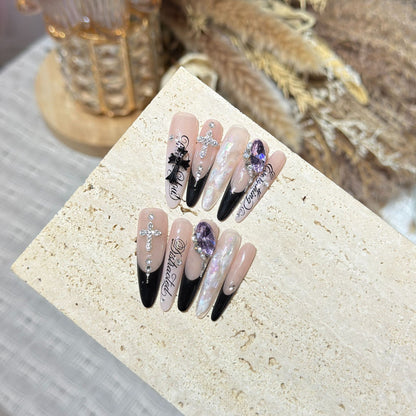 Artistic Stiletto Press-On Nail Art Set with Elegant Decorative Elements Acalora