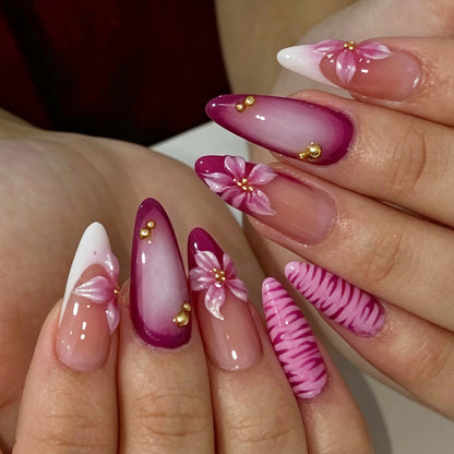 Premium Artistic Press-On Nail Set with Floral and Ombre Design Acalora