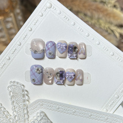 Decorative Luxury Press-On Nail Set with Elegant Bow and Gemstone Accents Acalora