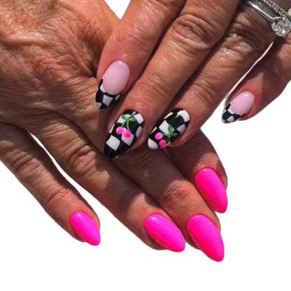 Creative Checkerboard and Cherry Nail Art Acalora
