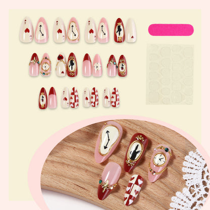 Artistic Press-On Nail Set with Creative Heart and Clock Designs Acalora