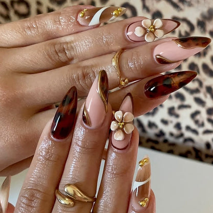 Decorative Press-On Nail Art Set with Floral and Gold Accents Acalora