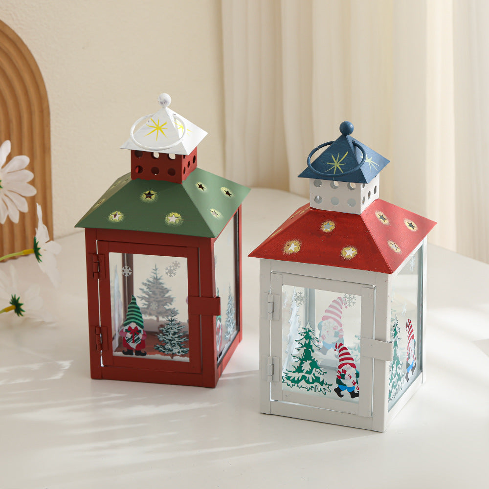 Decorative Holiday Tea Light Lantern with Glass Pane Gnome & Pine Motif Acalora