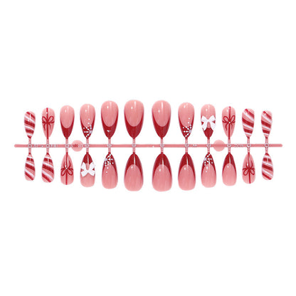 Decorative Press-On Nail Set with Elegant Bow and Striped Designs Acalora