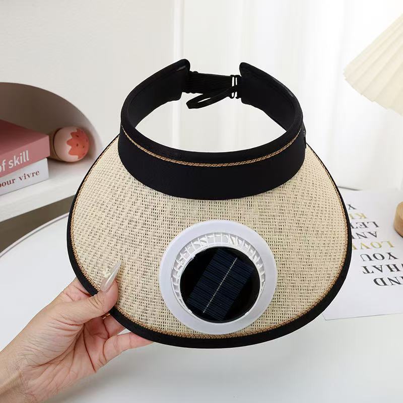 Foldable straw hat visor with integrated solar fan, adjustable neck strap, and breathable sweatband Bowlift