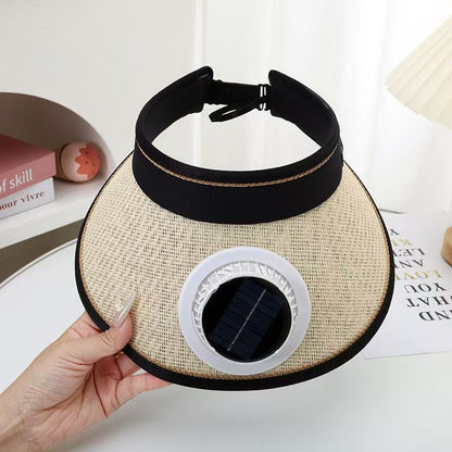 Foldable straw hat visor with integrated solar fan, adjustable neck strap, and breathable sweatband Bowlift