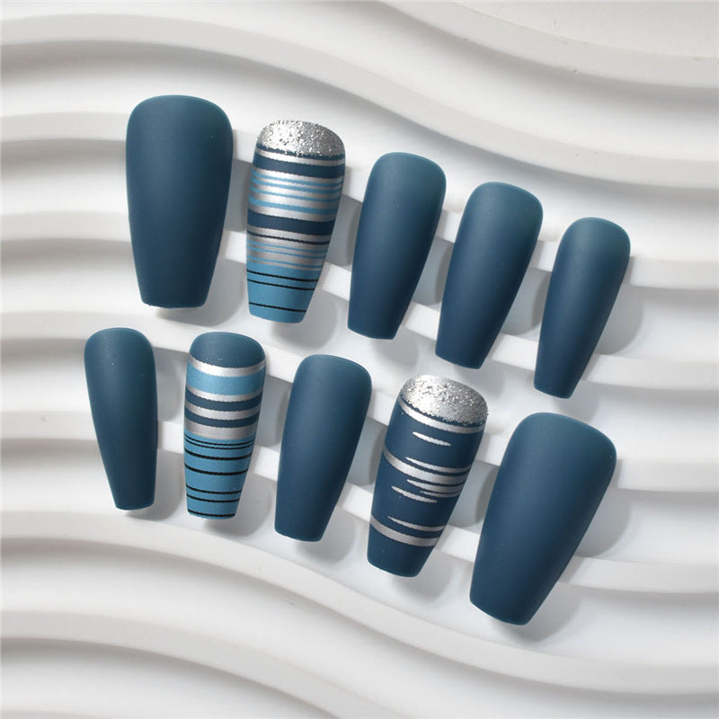 Fashionable Matte Finish Press-On Nails with Metallic Stripes Acalora