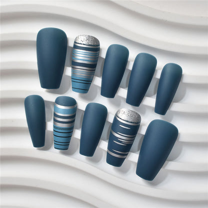 Fashionable Matte Finish Press-On Nails with Metallic Stripes Acalora