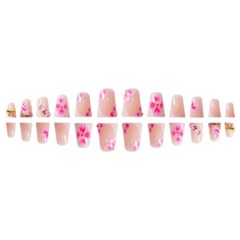 Elegant Floral Press-On Nail Art with Gem Accents Acalora