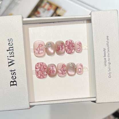 Decorative Press-On Nail Art Set with Cherry and Bow Accents Acalora
