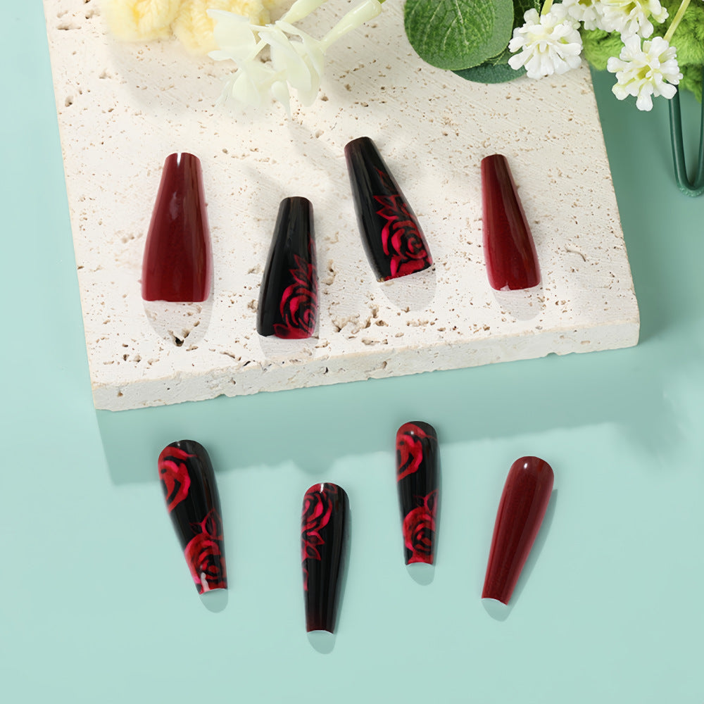artistic nail tips with floral rose pattern Acalora