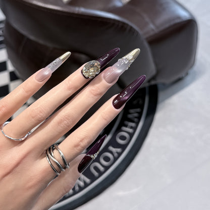 Elegant Stiletto Press-On Nail Set with Decorative Jewel Accents Acalora