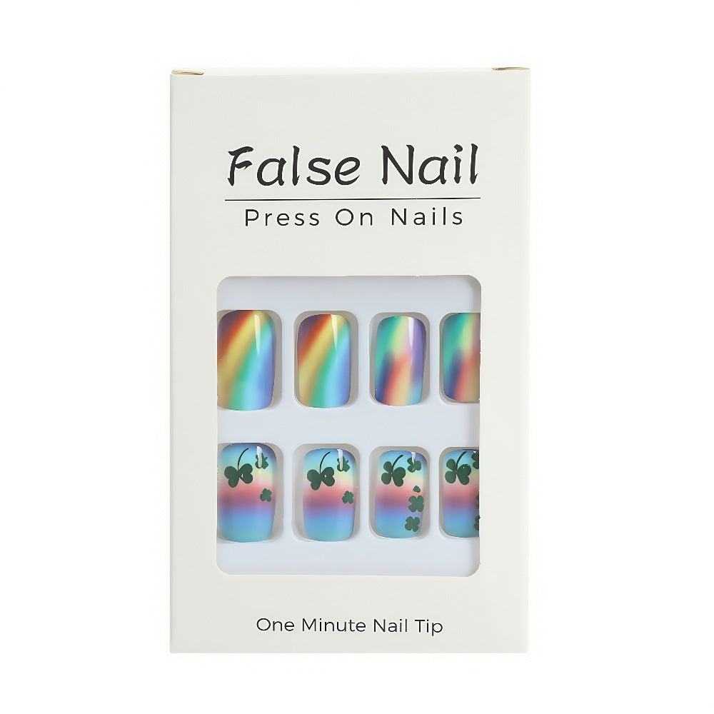 Artificial nails with colorful rainbow and clover leaf designs Acalora
