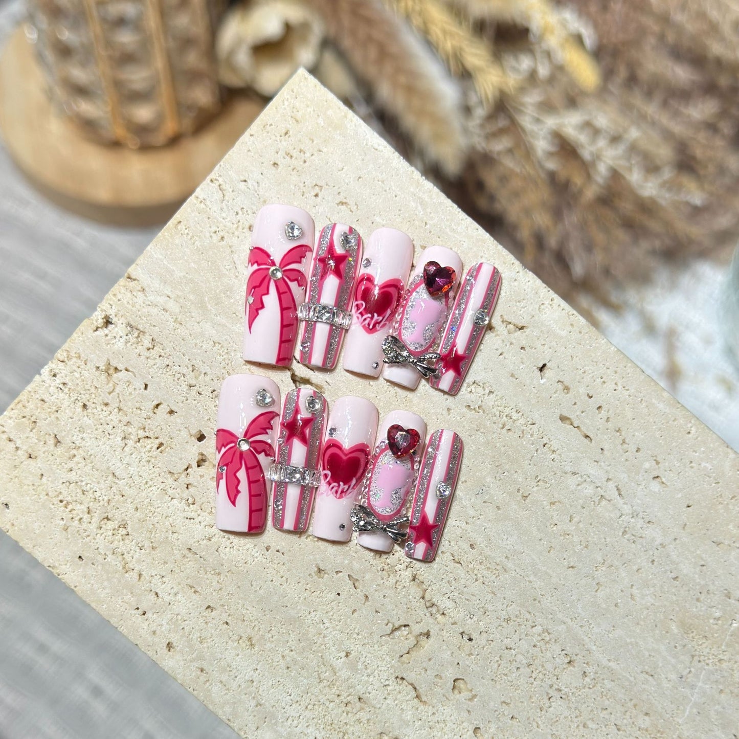 Artistic Press-On Nail Set with Playful Heart and Palm Designs Acalora