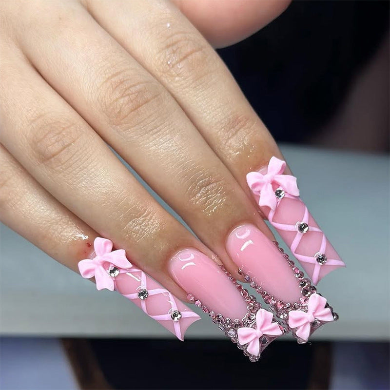 Decorative Press-On Nail Set with Elegant Bow and Gem Accents Acalora 1788496283