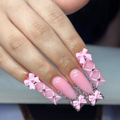 Decorative Press-On Nail Set with Elegant Bow and Gem Accents Acalora 1788496283