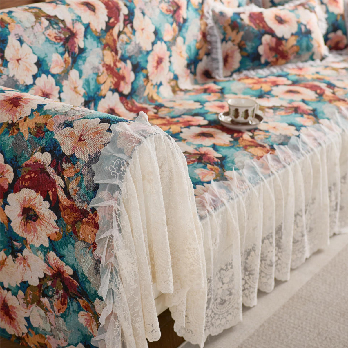 Floral Lace Embellished Sofa Cover