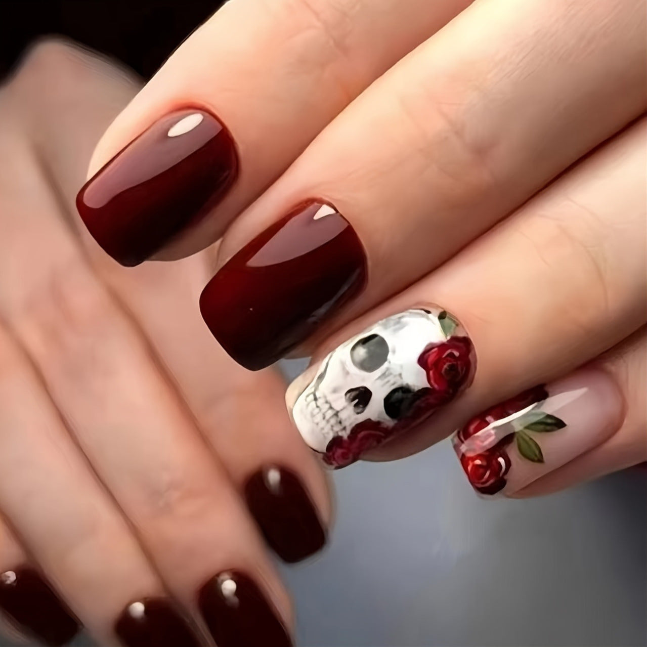 Artistic Skull and Rose Nail Art Acalora