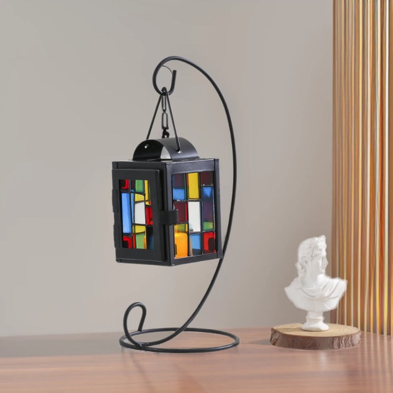 Stained Glass Mosaic Hanging Tealight Lantern with Metal Frame Acalora