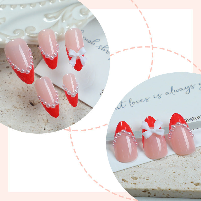 Elegant Press-On Nail Set with Pearl and Bow Accents Acalora
