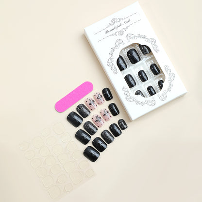 Stylish Press-On Nail Art Set with Decorative Sparkle and Floral Designs Acalora
