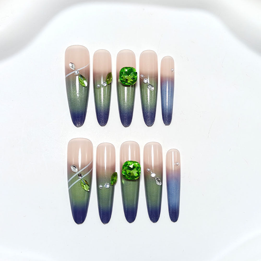 Artificial nails with elegant ombre design and rhinestone applications Acalora