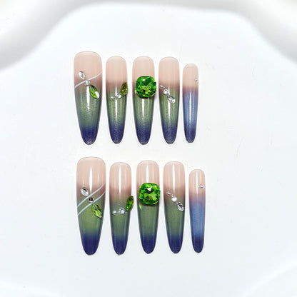 Artificial nails with elegant ombre design and rhinestone applications Acalora
