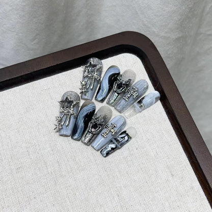 Glamorous Press-On Nail Art Set with Decorative Metallic Elements Acalora