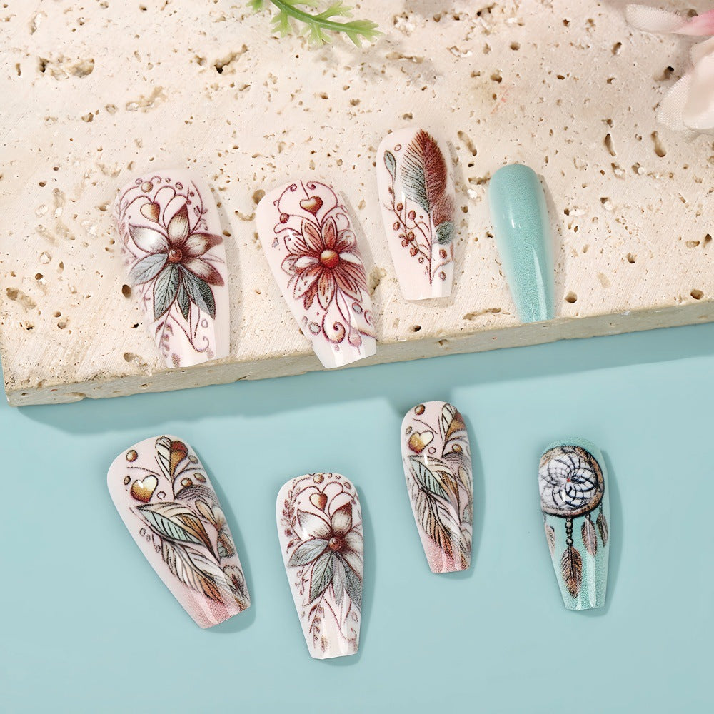 Artificial nails with floral patterns and dreamcatcher motif Acalora
