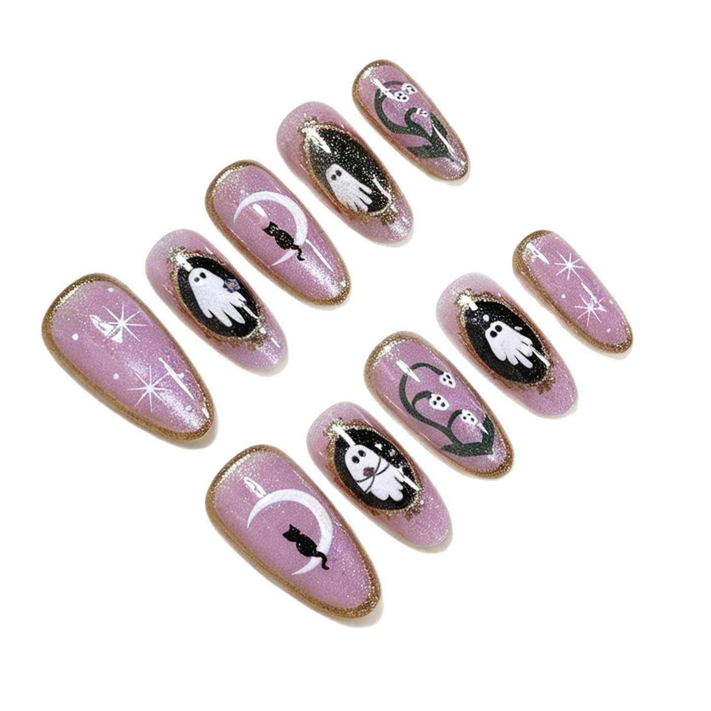 Halloween-Themed Ghost and Cat Press-On Nail Art Set Acalora