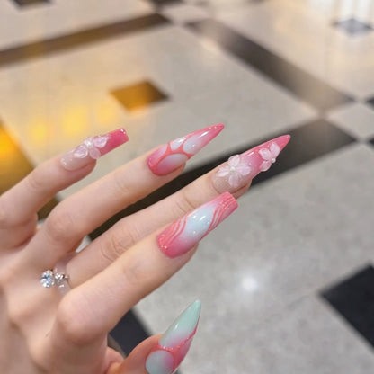 Decorative Stiletto Press-On Nails with Floral Designs Acalora