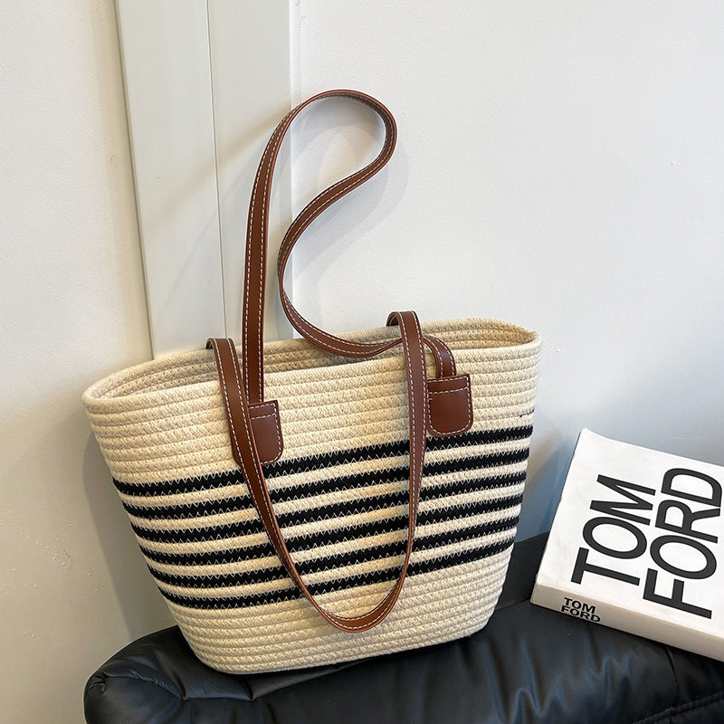 Striped Woven Beach Tote Bag Acalora