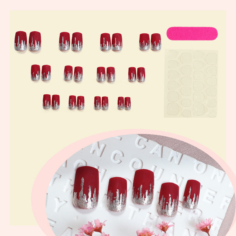 Artistic Press-On Nail Set with Silver Drip Design Acalora