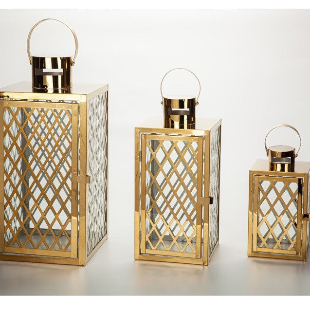 Modern Polished Lattice Metal Lantern Collection with Hinged Door and Top Loop Handle Acalora