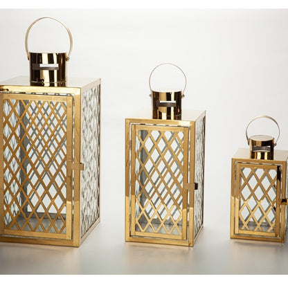 Modern Polished Lattice Metal Lantern Collection with Hinged Door and Top Loop Handle Acalora