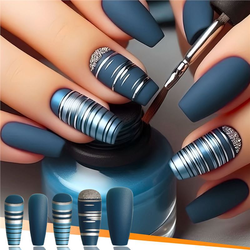Fashionable Matte Finish Press-On Nails with Metallic Stripes Acalora