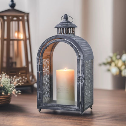Antique-Style Arched Metal and Textured Glass Candle Lantern for Pillar Candles Acalora