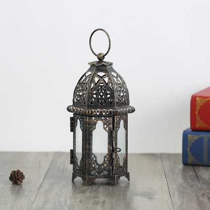Decorative Moroccan Filigree Metal Lantern with Glass Panels and Hanging Ring Acalora